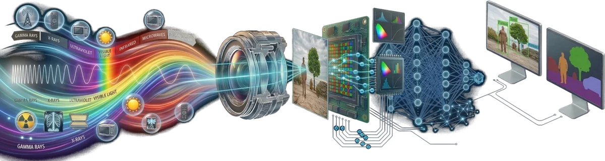 Light across the spectrum enters the lens, becomes pixels on the sensor, passes through a neural network, and comes out as labelled objects on screen.